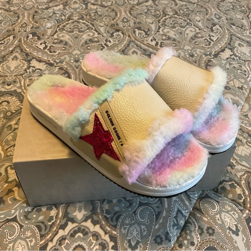 NWB Golden Goose Poolstar Tie Dye Leather Upper Glitter Star Shearling Lining